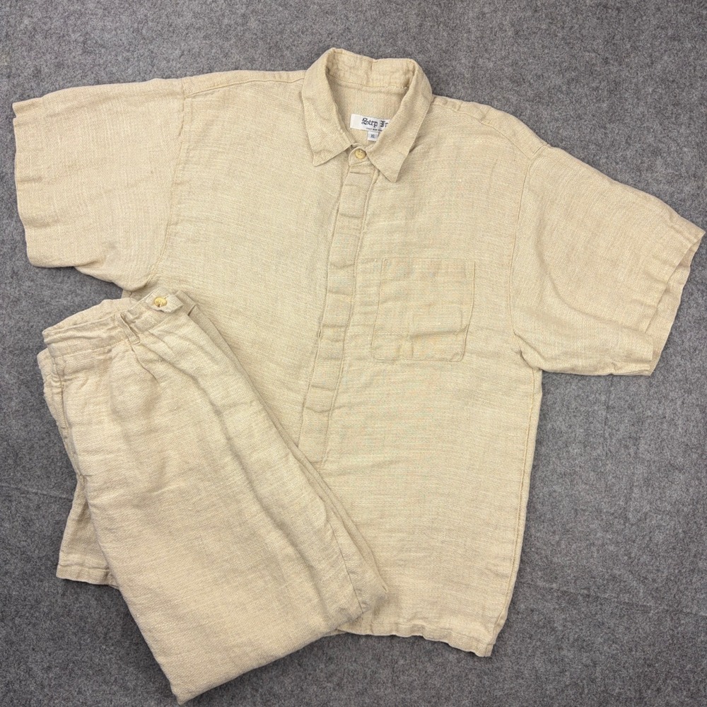 VTG Step In Linen Suit Mens XL 36 Beige Linen 2 Piece Outfit Safari Beach Y2K